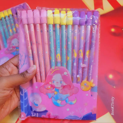 Pencil with erasers on top mermaid theme cute little gift for you baby girl set of 12