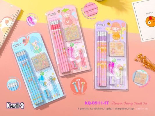 Pencil Set - 8 Pcs Pencils with 12 Kawaii Stickers, Sharpener, Erasers and Pencil Cap for Kids, Boys and Girls, Kawaii Stationary Set, Birthday Return Gift