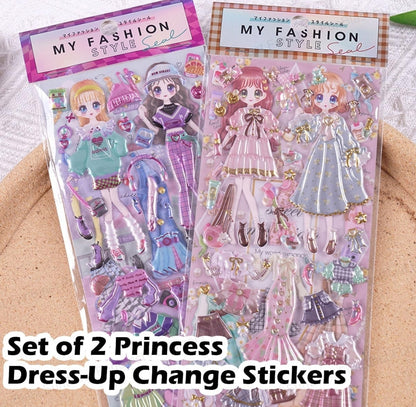 Set of 2 Princess Dress-Up Change Stickers, DIY 3D Stickers for Girls, Aesthetic Sticker, Cute Stickers, Self Adhesive Stickers Set, Puffy Sticker Set (Pack of 2)