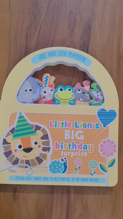 Hide and seek playbook tab board book little lions big birthday surprise follow sally snails trail to help find all the hiding friends