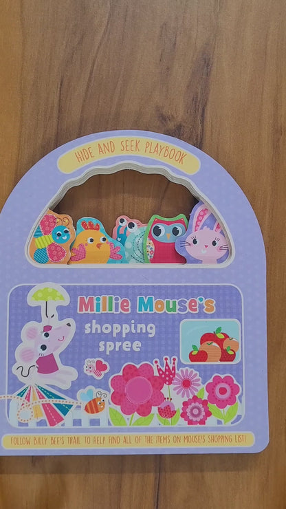 hide and seek playbook tab board book Mili mouse shopping spree follow billy bee's trail to help find all the items on mouse's shopping list