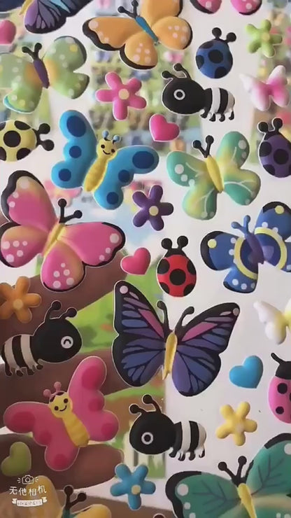 3D Puffy waterproof Stickers set of 6 Bird Butterfly cute insect. Give anything a new look. Reusable.