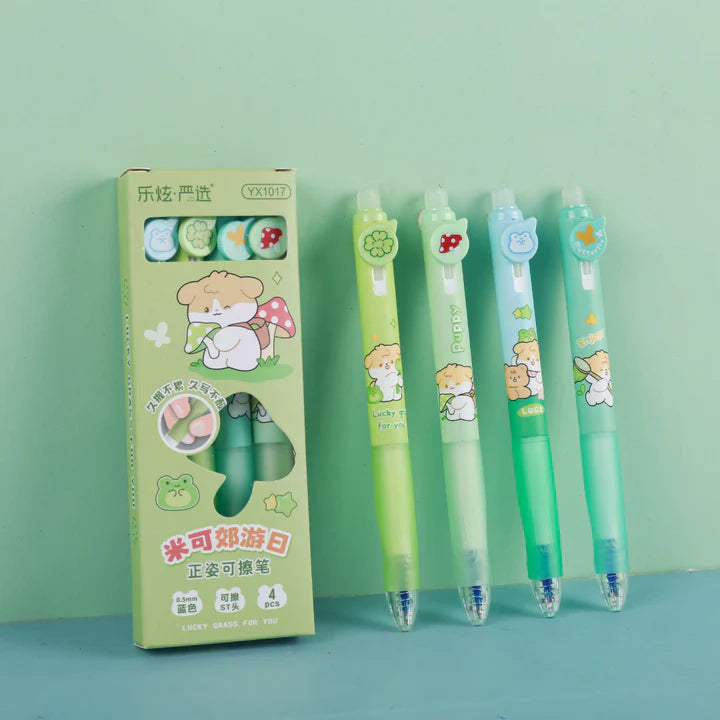 Cute puppy erasable gel pens 4pc in one box. With a soft rubber grip.