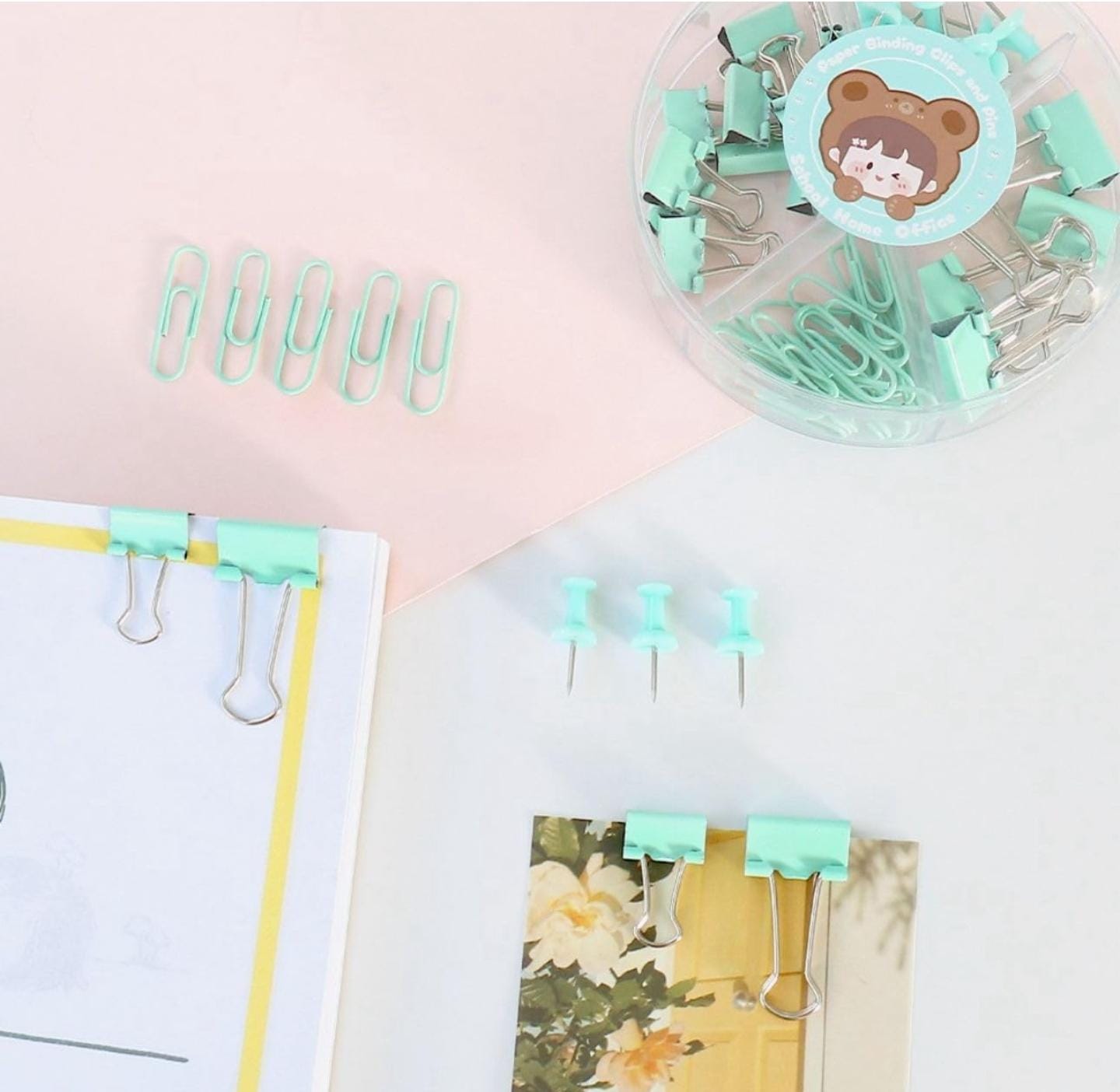 Binder Clips, Push Pins, Paper Clips Combo Set | Large & Small Stationery Kit for Office, School & Home Supplies (Pink)