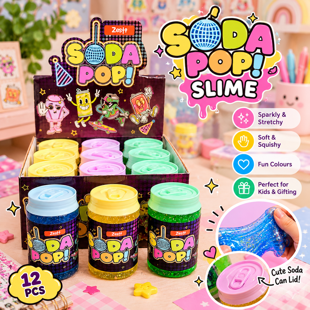 Soda Pop Slime for Kids | Glittery Stretchy Slime in Cute Soda Can Packaging. Any one of the random colour.