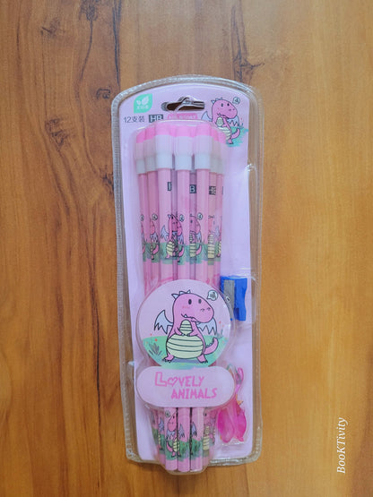 12 HB pencils with erasers on the top sharpner and pencil holder one set