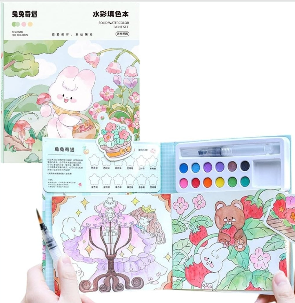 Watercolor Painting Book Set – DIY Graffiti Coloring Note-Book with Watercolor Gouache Brush, Creative Cartoon Coloring Book, Dip Water to Paint Painting Set for Kids, Boys, Girls, Childrens (Rabbit)