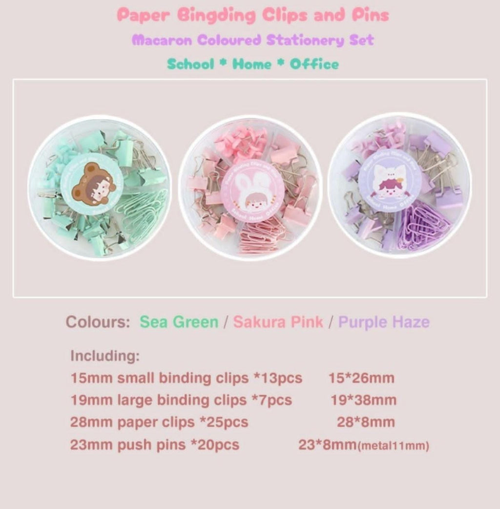 Binder Clips, Push Pins, Paper Clips Combo Set | Large & Small Stationery Kit for Office, School & Home Supplies (Pink)