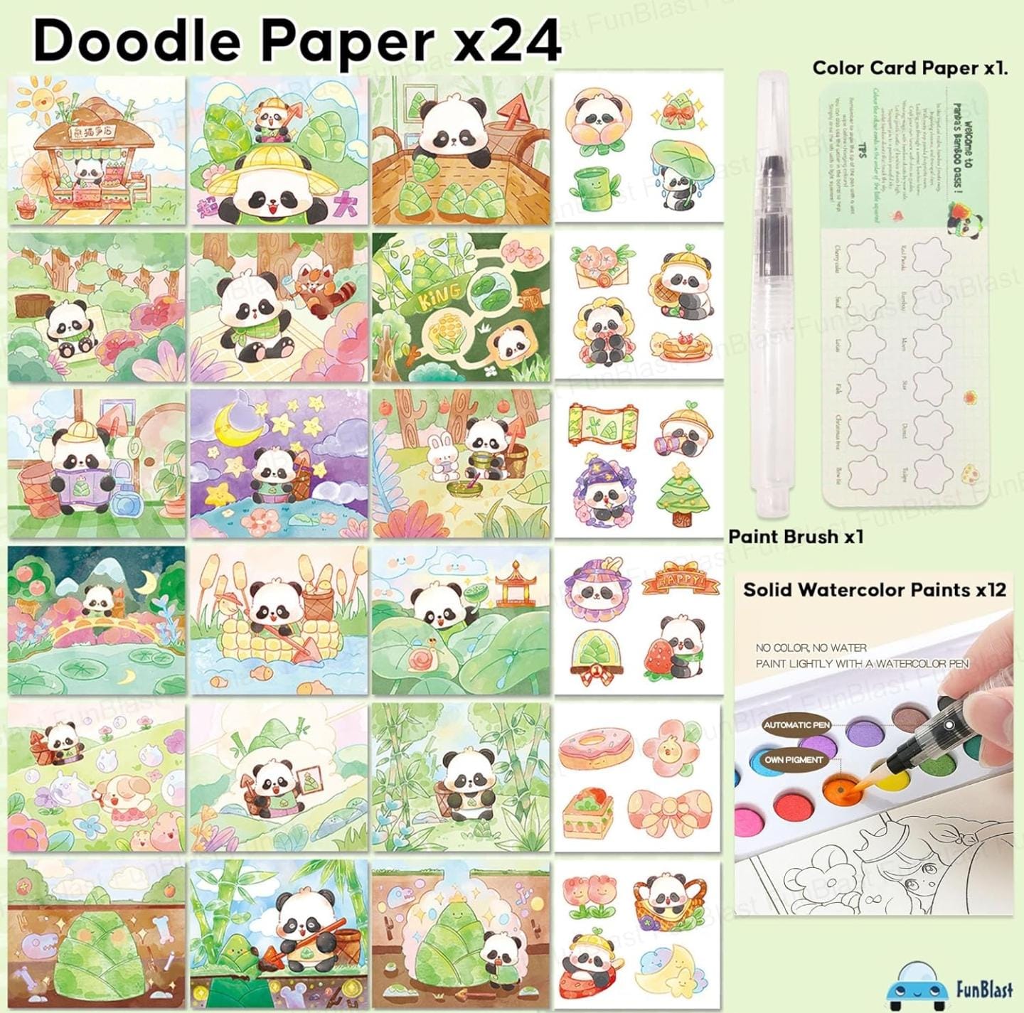 Watercolor Painting Book Set – DIY Graffiti Coloring Note-Book with Watercolor Gouache Brush, Creative Cartoon Coloring Book, Dip Water to Paint Painting Set for Kids(Panda)