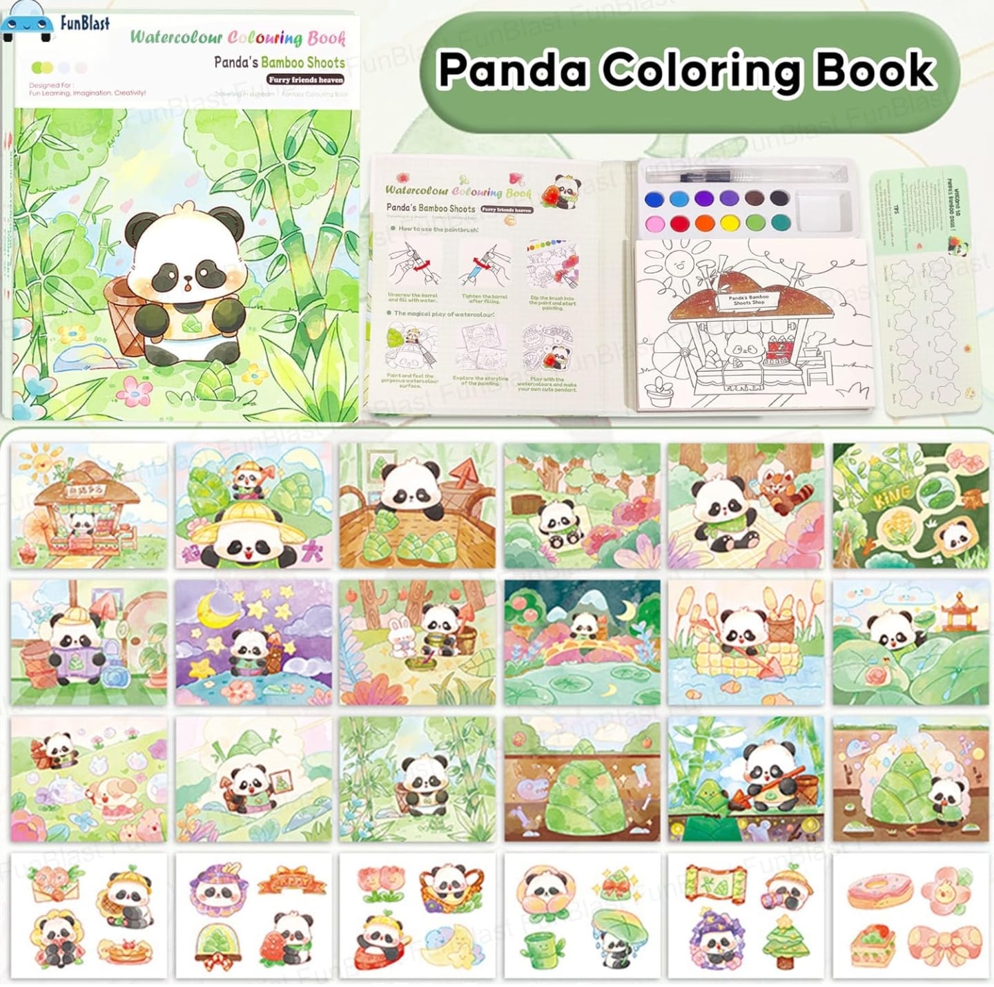 Watercolor Painting Book Set – DIY Graffiti Coloring Note-Book with Watercolor Gouache Brush, Creative Cartoon Coloring Book, Dip Water to Paint Painting Set for Kids(Panda)