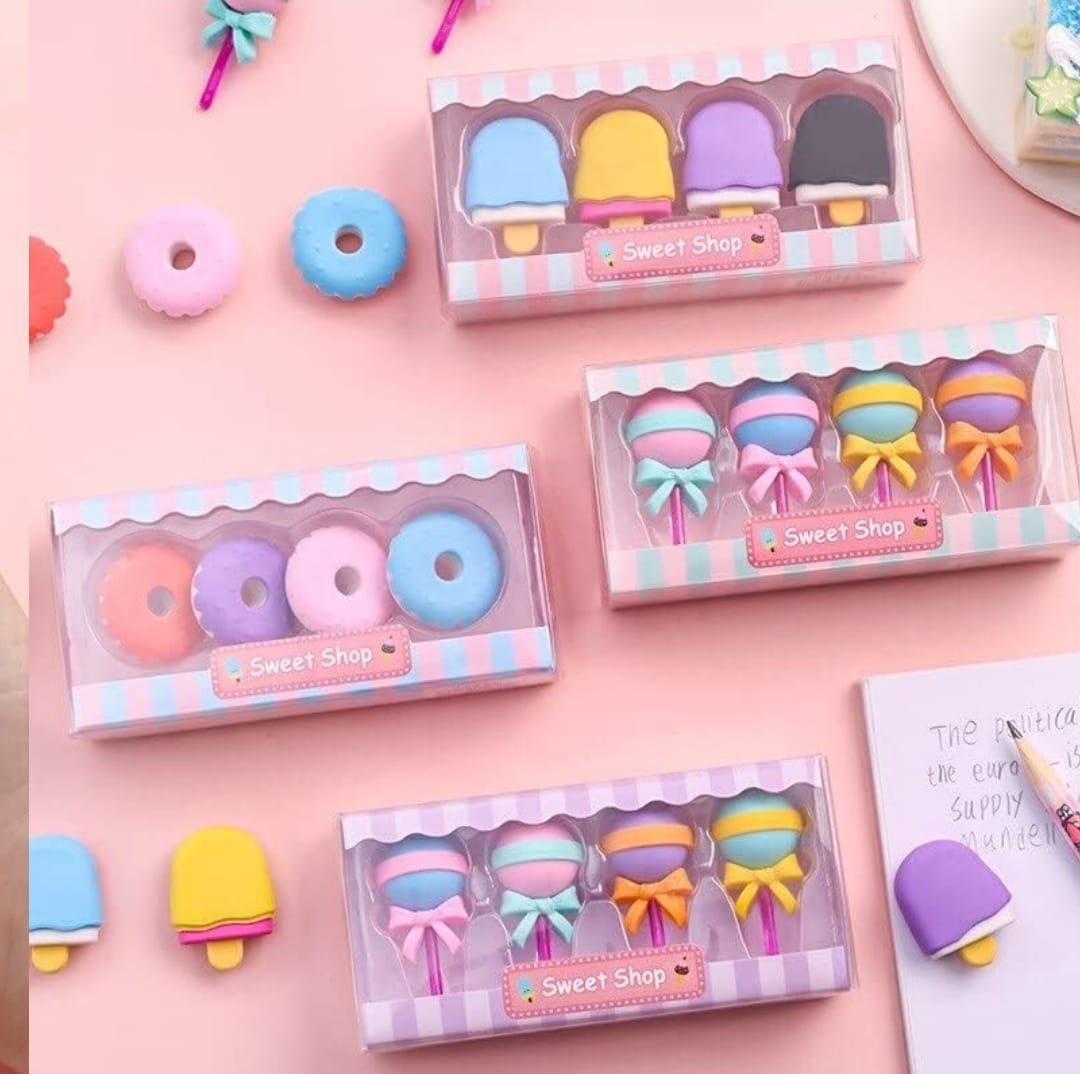 Candy shape big size 3d eraser box set. 4pc in one box.