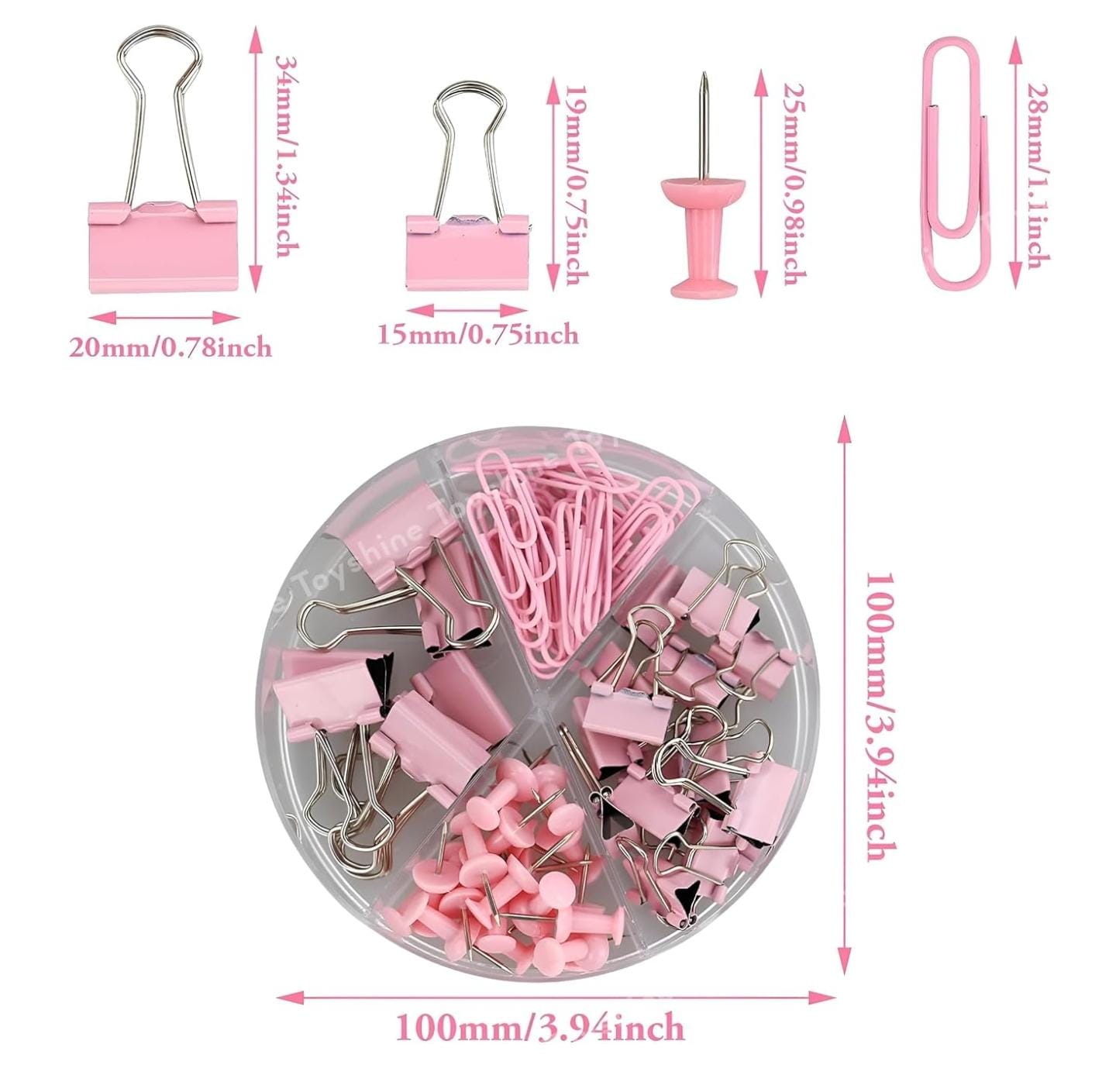 Binder Clips, Push Pins, Paper Clips Combo Set | Large & Small Stationery Kit for Office, School & Home Supplies (Pink)