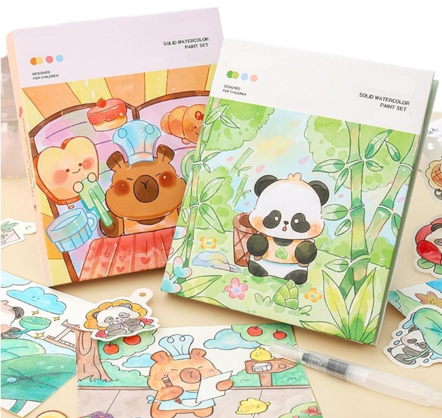 Watercolor Painting Book Set – DIY Graffiti Coloring Note-Book with Watercolor Gouache Brush, Creative Cartoon Coloring Book, Dip Water to Paint Painting Set for Kids(Panda)