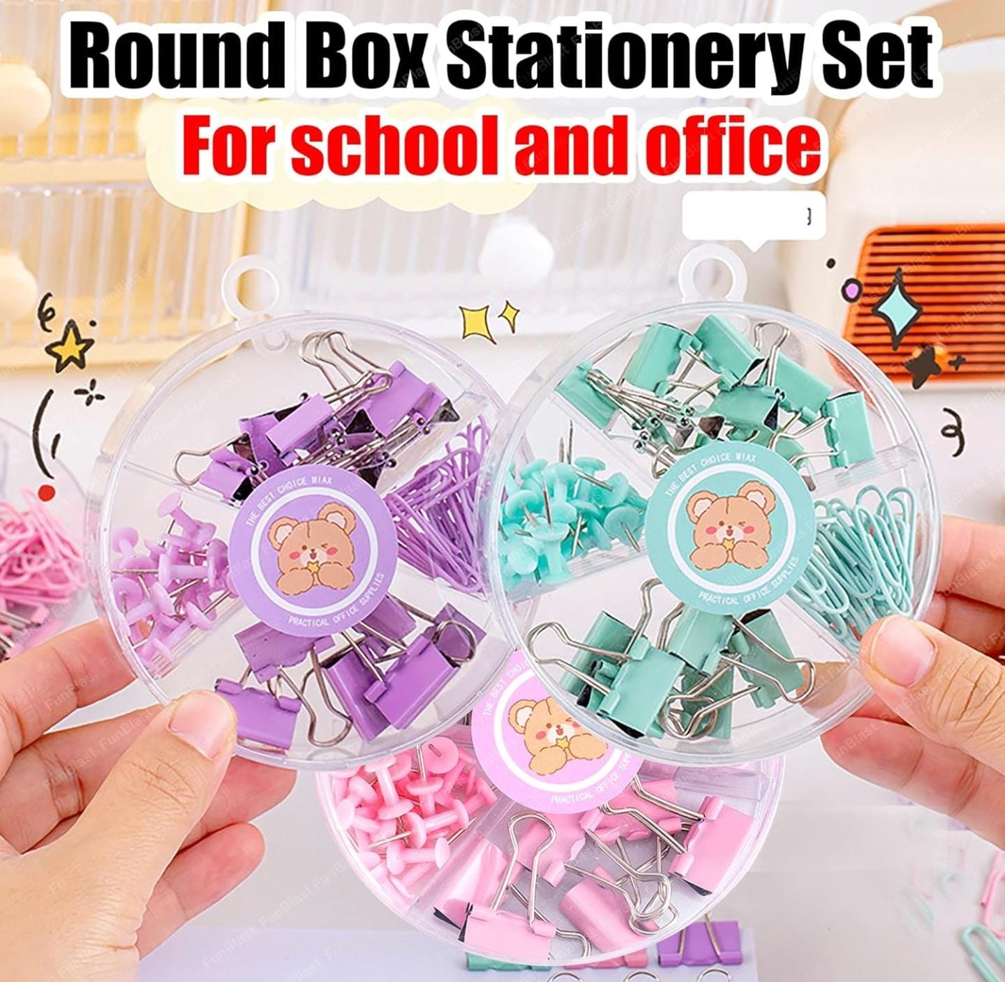 Binder Clips, Push Pins, Paper Clips Combo Set | Large & Small Stationery Kit for Office, School & Home Supplies (Purple)