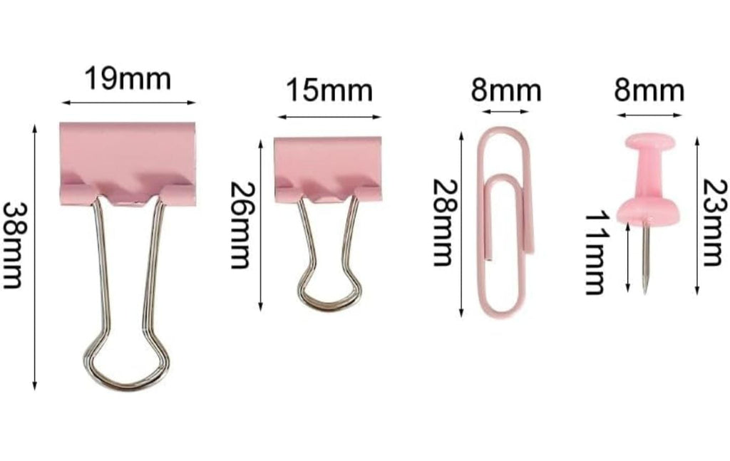 Binder Clips, Push Pins, Paper Clips Combo Set | Large & Small Stationery Kit for Office, School & Home Supplies (Pink)