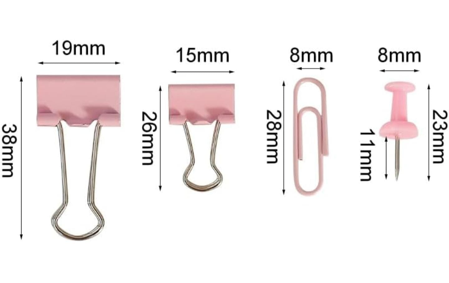 Binder Clips, Push Pins, Paper Clips Combo Set | Large & Small Stationery Kit for Office, School & Home Supplies (Pink)