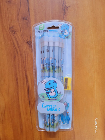 12 HB pencils with erasers on the top sharpner and pencil holder one set