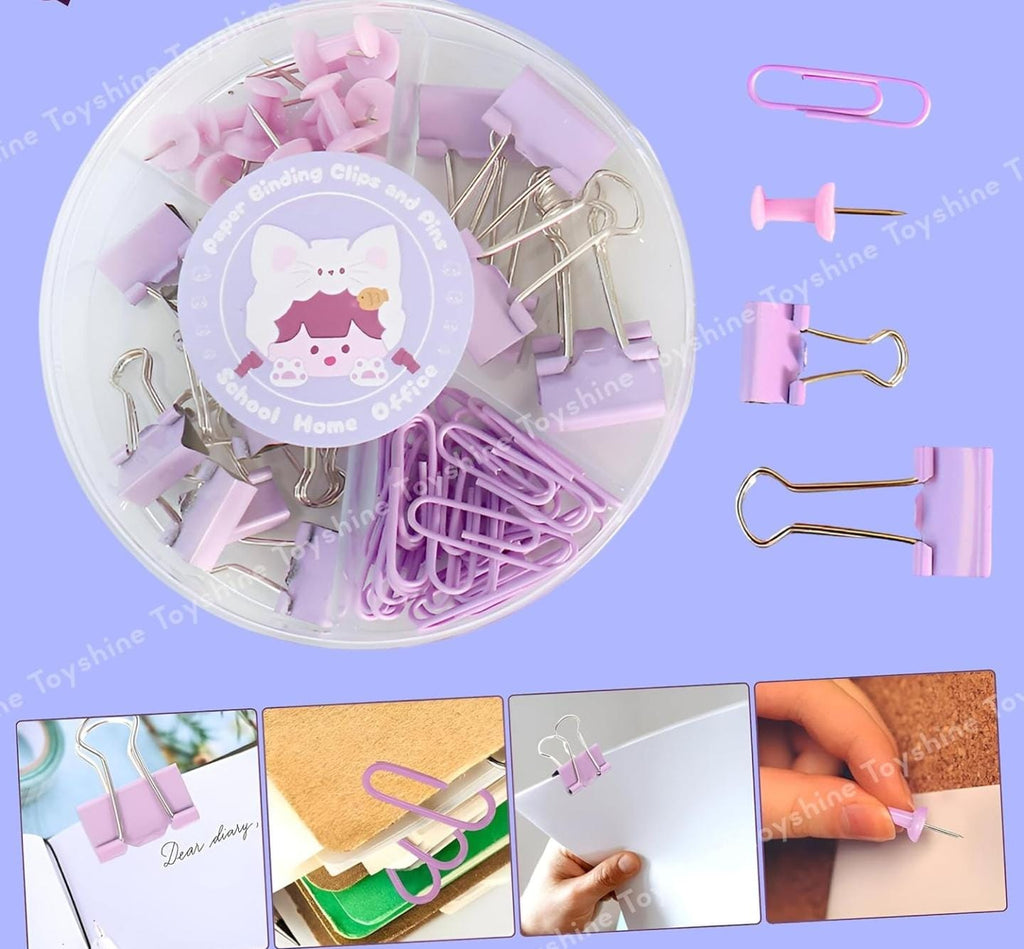 Binder Clips, Push Pins, Paper Clips Combo Set | Large & Small Stationery Kit for Office, School & Home Supplies (Purple)