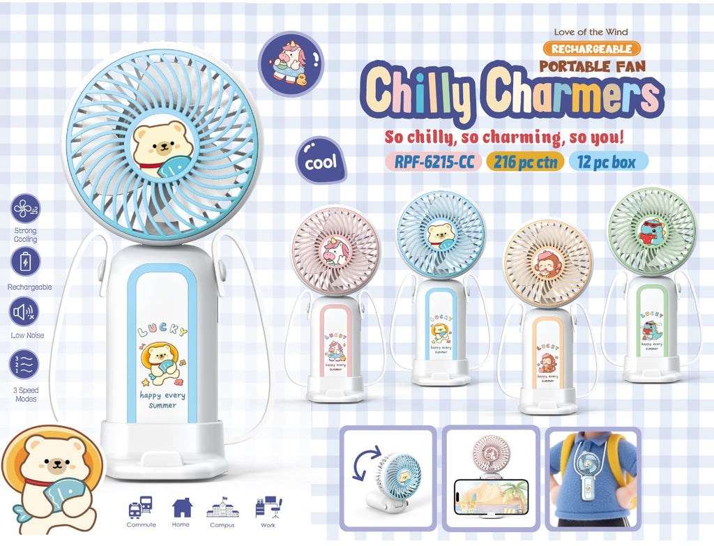 Chilly Charmers Rechargeable Portable Fan for Kids | Cute Kawaii Mini Fan, Random Colour & Design
