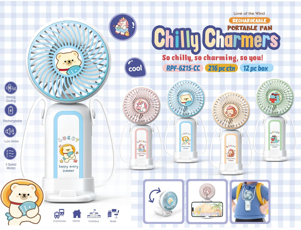 Chilly Charmers Rechargeable Portable Fan for Kids | Cute Kawaii Mini Fan, Random Colour & Design