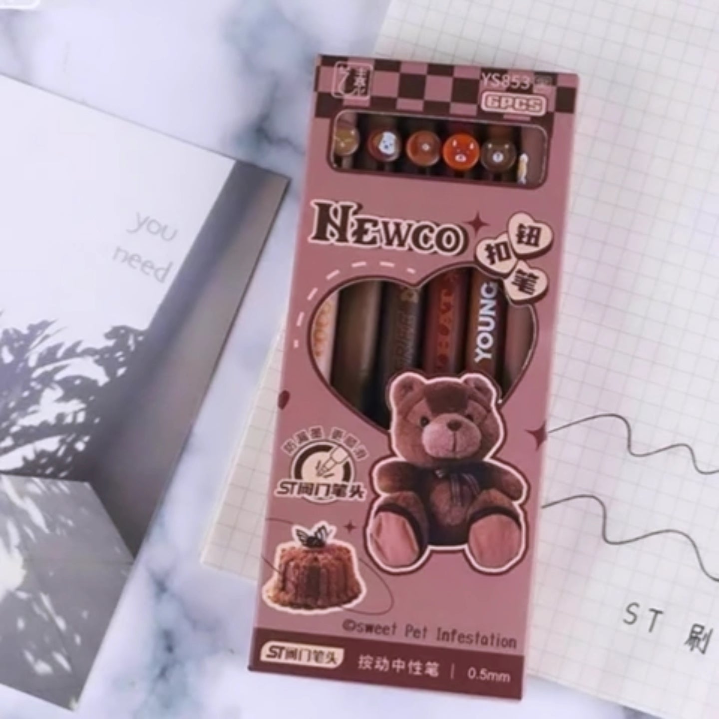 Bear Pen set kawaii. 6pc in one box.