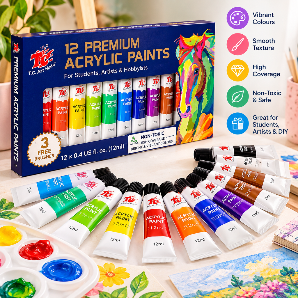 12 Premium Acrylic Paint Set with 3 Free Brushes | 12ml Art Paint Tubes for Students, Artists & DIY Crafts