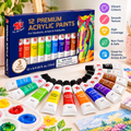 12 Premium Acrylic Paint Set with 3 Free Brushes | 12ml Art Paint Tubes for Students, Artists & DIY Crafts