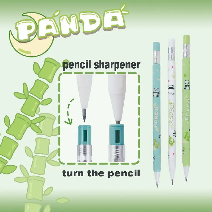 Mechanical Panda pencil sharpener at the end. 2.0 dark lead. 4pc set.