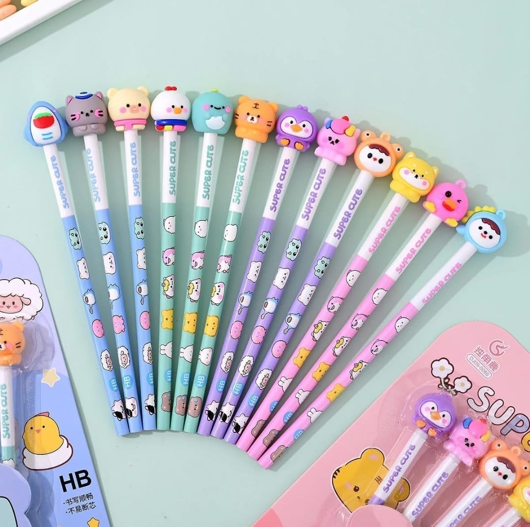 12pc Super Cute HB Pencils with Toy Top Cartoon Erasers for Art Drawing Drafting Sketching Shading Cool Stationery Set For Birthday Return Gift for Kids, PINK. 6 pencil 6 eraser.