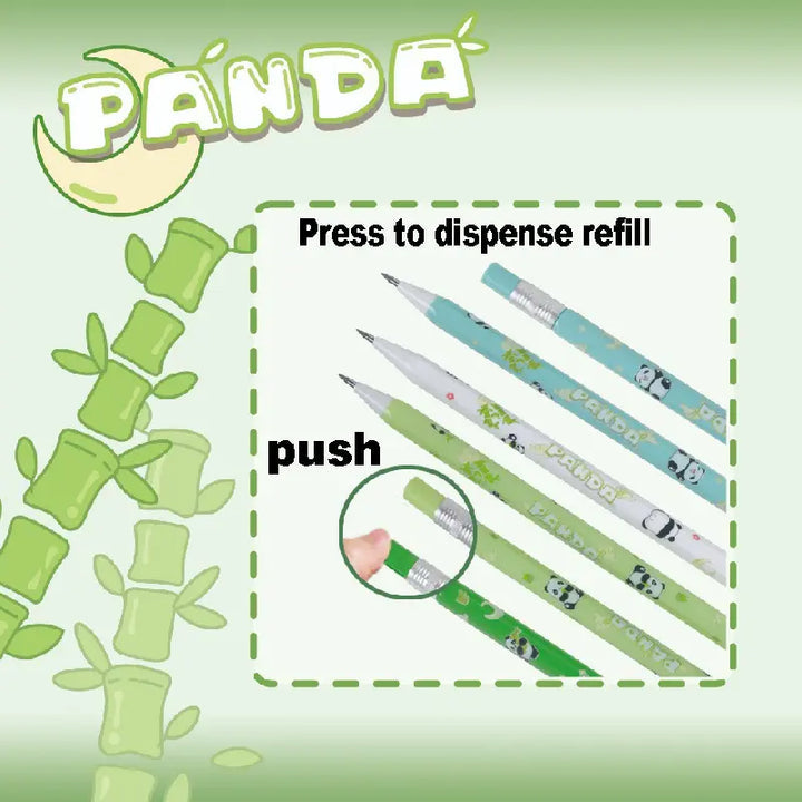Mechanical Panda pencil sharpener at the end. 2.0 dark lead. 4pc set.