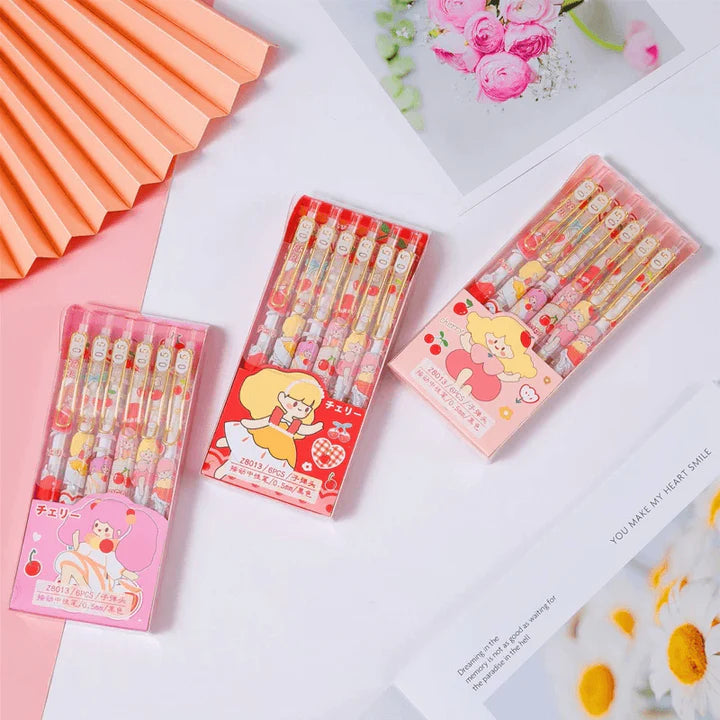 Cherry Girl kawaii gel pen set. 6pc in one box. Blue ink.