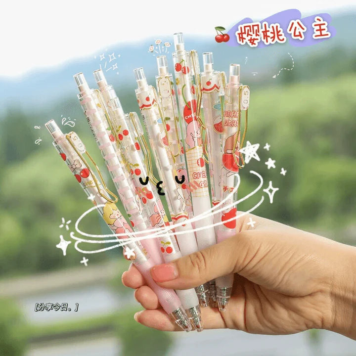 Cherry Girl kawaii gel pen set. 6pc in one box. Blue ink.