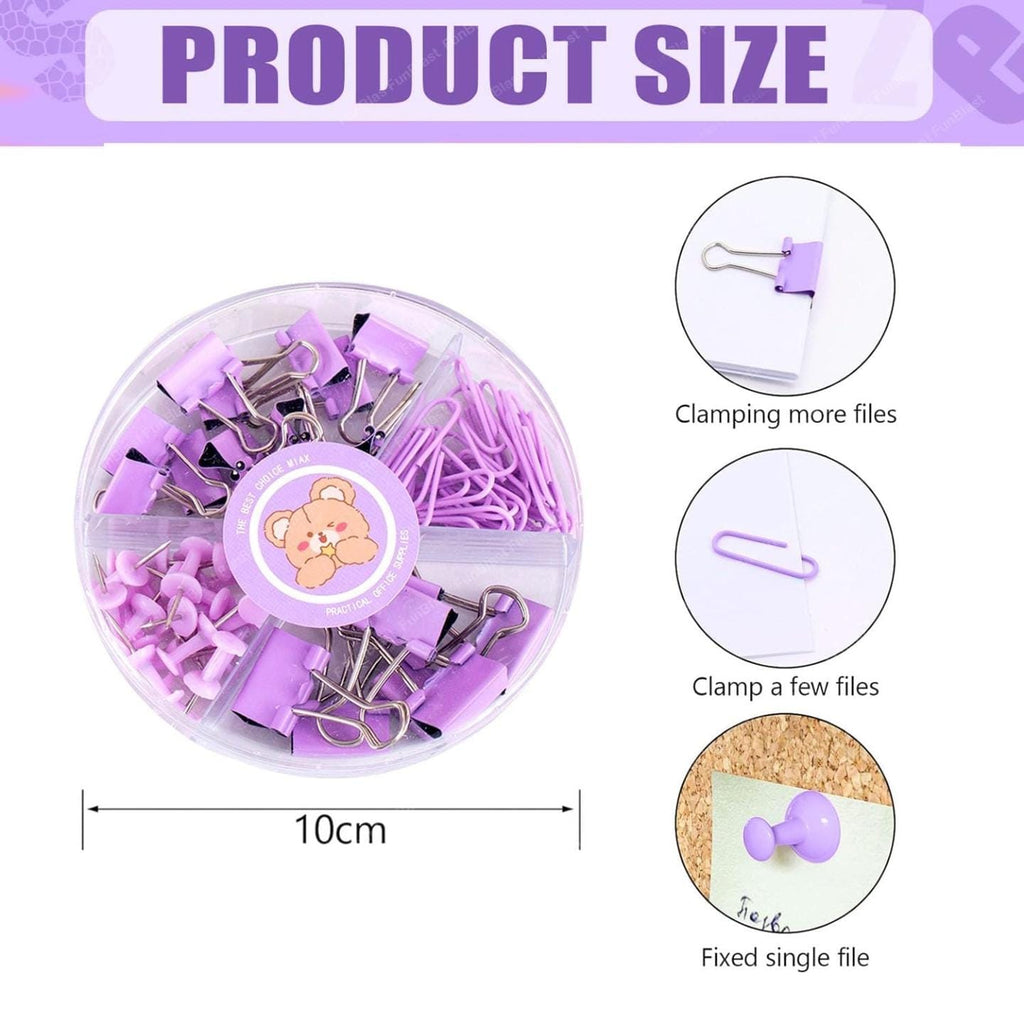 Binder Clips, Push Pins, Paper Clips Combo Set | Large & Small Stationery Kit for Office, School & Home Supplies (Purple)