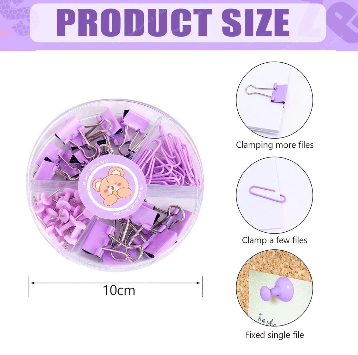 Binder Clips, Push Pins, Paper Clips Combo Set | Large & Small Stationery Kit for Office, School & Home Supplies (Purple)