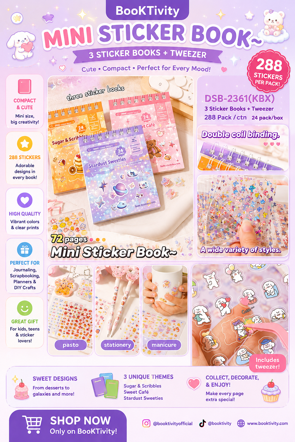 Stickers book set of 3 more than 72 pages with a tweezer