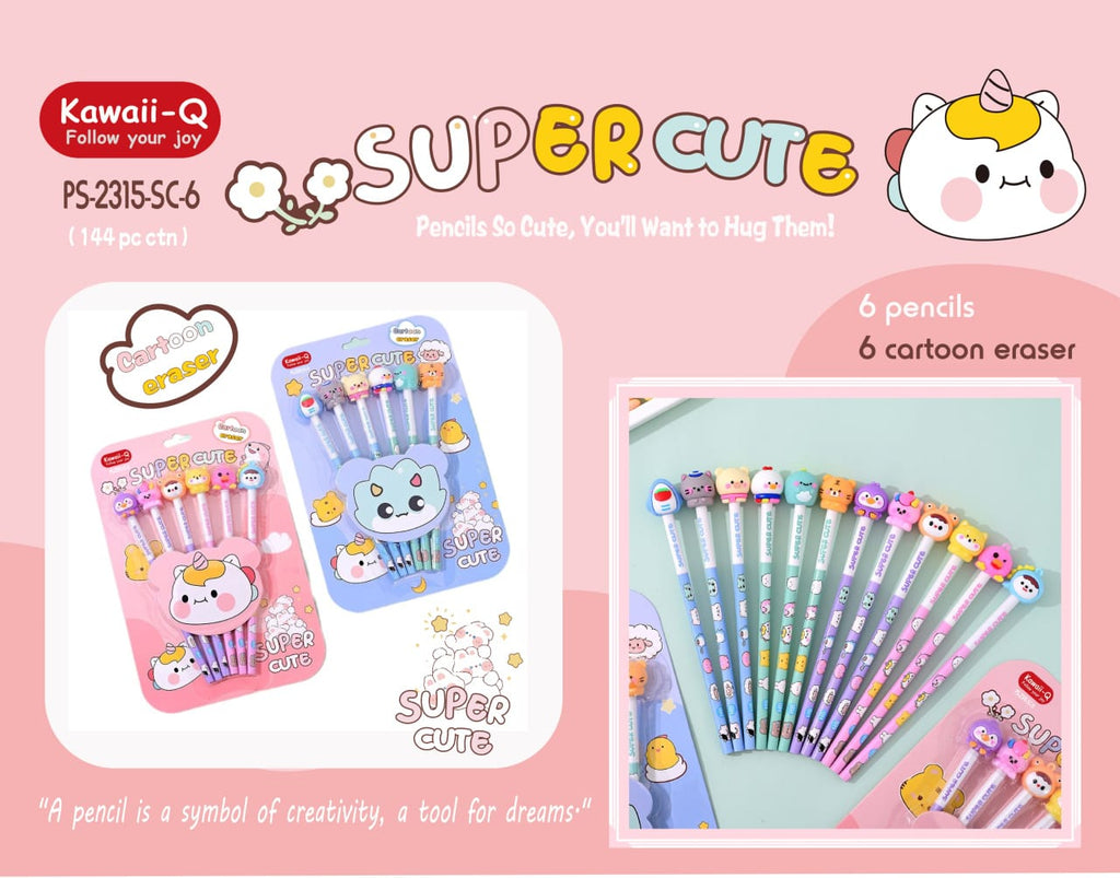 12pc Super Cute HB Pencils with Toy Top Cartoon Erasers for Art Drawing Drafting Sketching Shading Cool Stationery Set For Birthday Return Gift for Kids, PINK. 6 pencil 6 eraser.