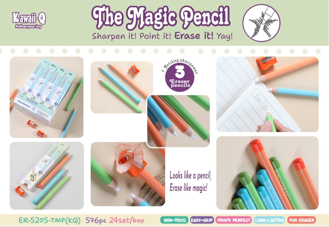 Kawaii Magic Eraser Pencils Set of 3 with Sharpener | Cute Pastel Pencils for School & Stationery