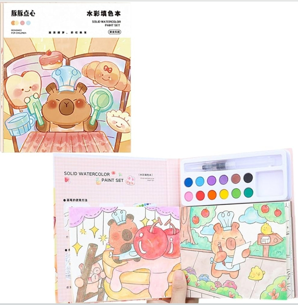 Watercolor Painting Book Set – DIY Graffiti Coloring Note-Book with Watercolor Gouache Brush, Creative Cartoon Coloring Book, Dip Water to Paint Painting Set for Kids(Capybara)