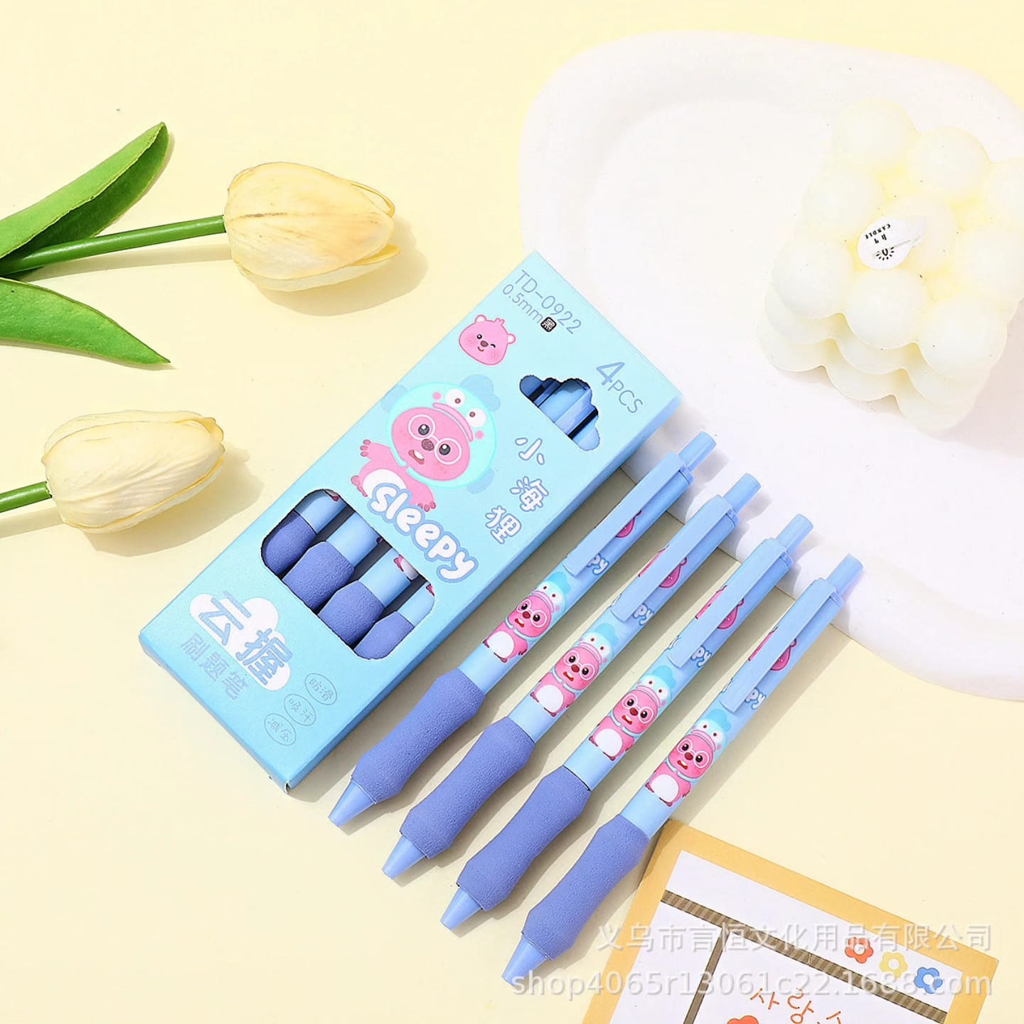 Kawaii blue ink gel pen 0.5mm with soft grip. 4pc.
