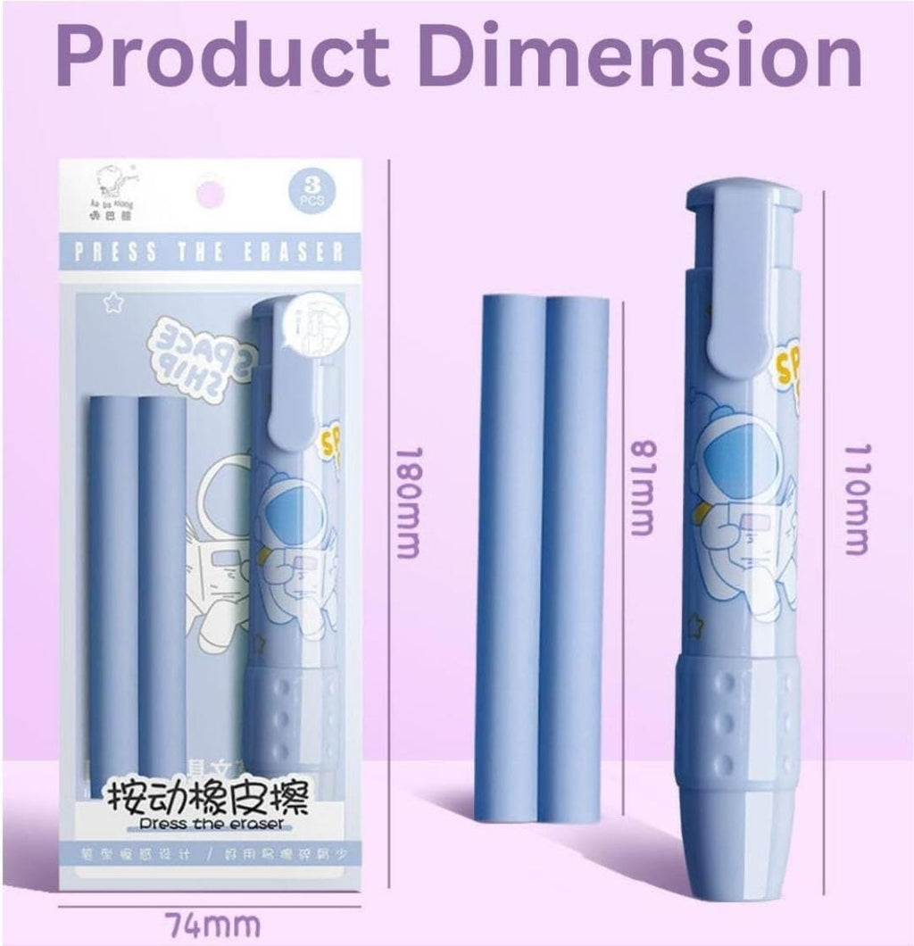 Push back eraser set. Each set has one push back eraser pen and 2 back up. 4pc set.