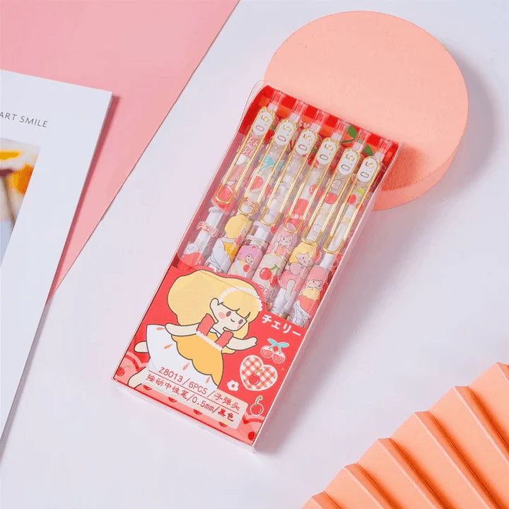 Cherry Girl kawaii gel pen set. 6pc in one box. Blue ink.
