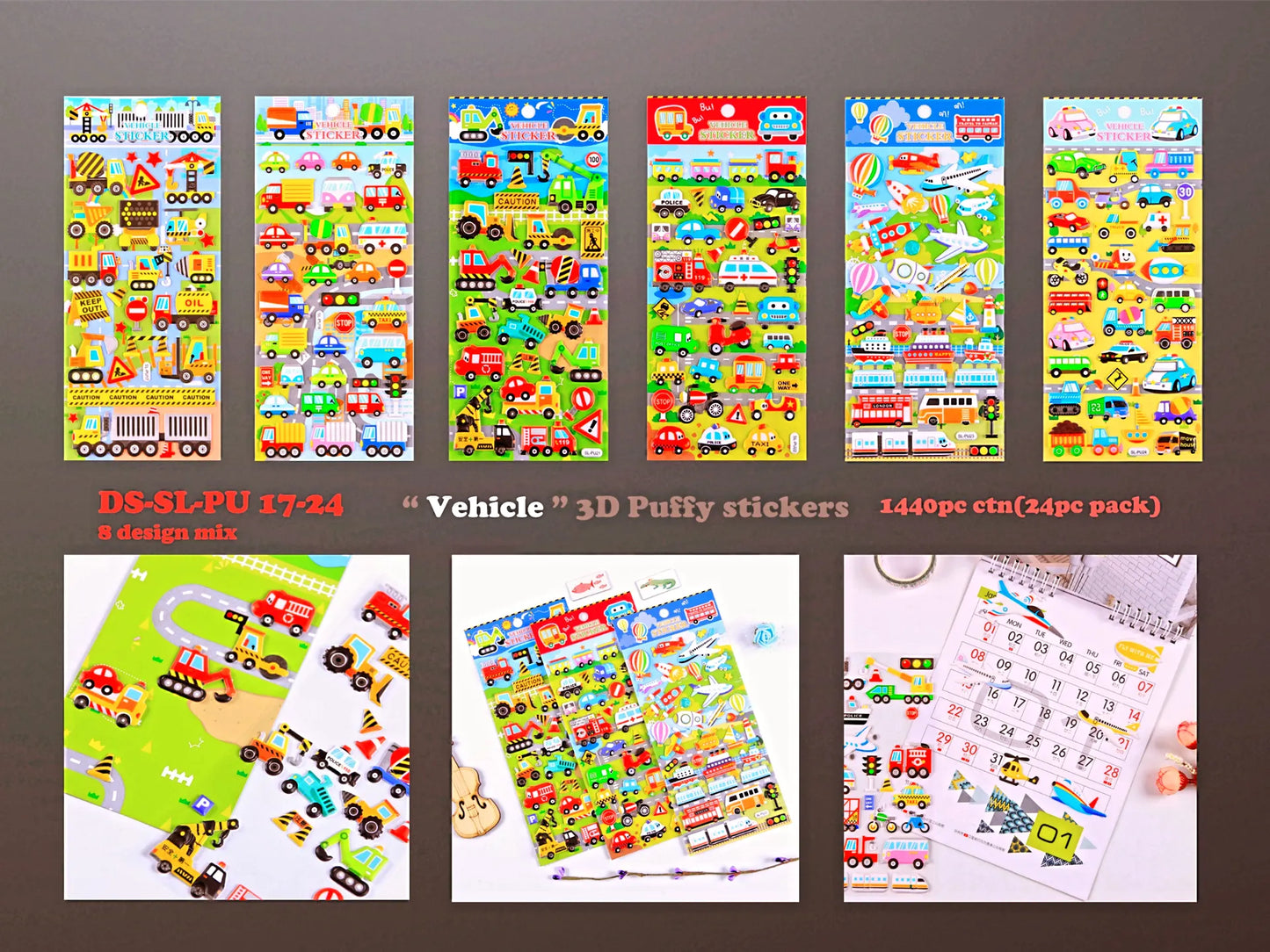 3D Puffy waterproof vehicles stickers can be used on any surface. Reusable kawaii stickers for art and craft mugs mobile cover or journal. Set of 6.