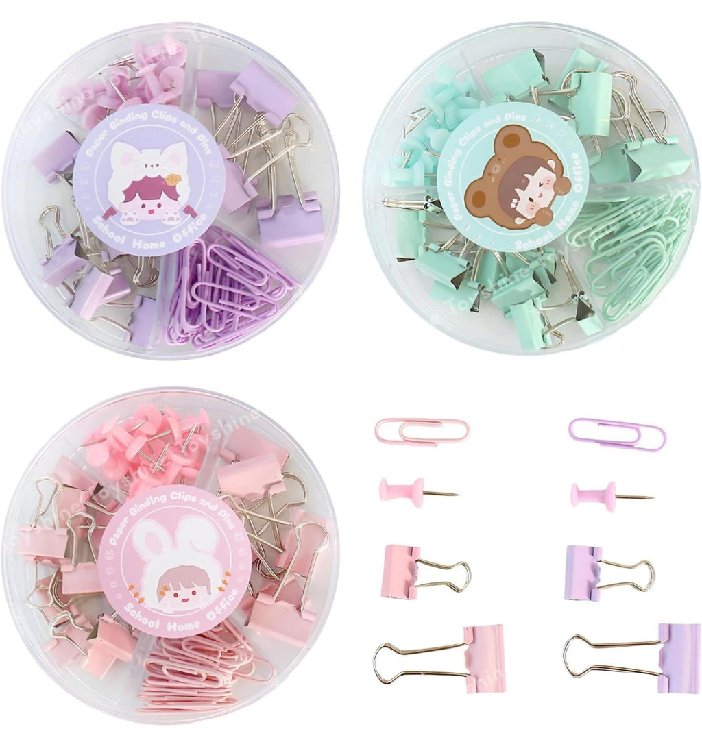 Binder Clips, Push Pins, Paper Clips Combo Set | Large & Small Stationery Kit for Office, School & Home Supplies (Purple)