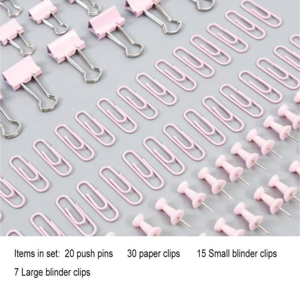 Binder Clips, Push Pins, Paper Clips Combo Set | Large & Small Stationery Kit for Office, School & Home Supplies (Pink)