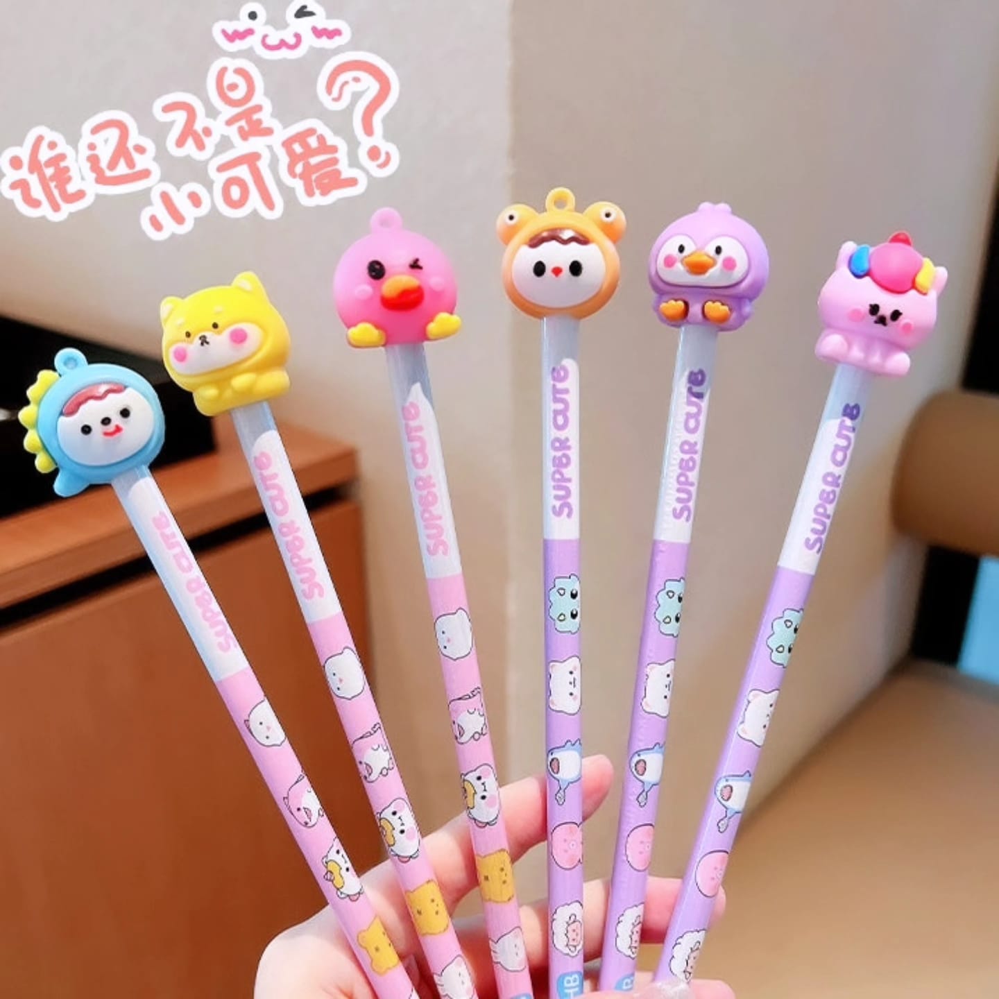 12pc Super Cute HB Pencils with Toy Top Cartoon Erasers for Art Drawing Drafting Sketching Shading Cool Stationery Set For Birthday Return Gift for Kids, PINK. 6 pencil 6 eraser.