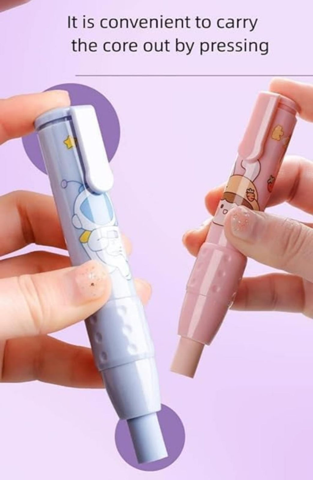 Push back eraser set. Each set has one push back eraser pen and 2 back up. 4pc set.