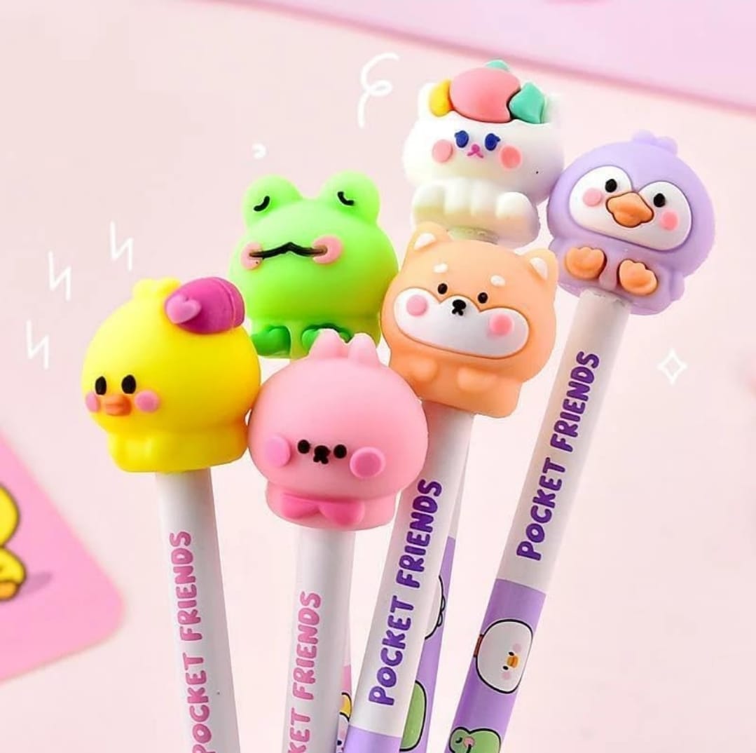 12pc Super Cute HB Pencils with Toy Top Cartoon Erasers for Art Drawing Drafting Sketching Shading Cool Stationery Set For Birthday Return Gift for Kids, PINK. 6 pencil 6 eraser.