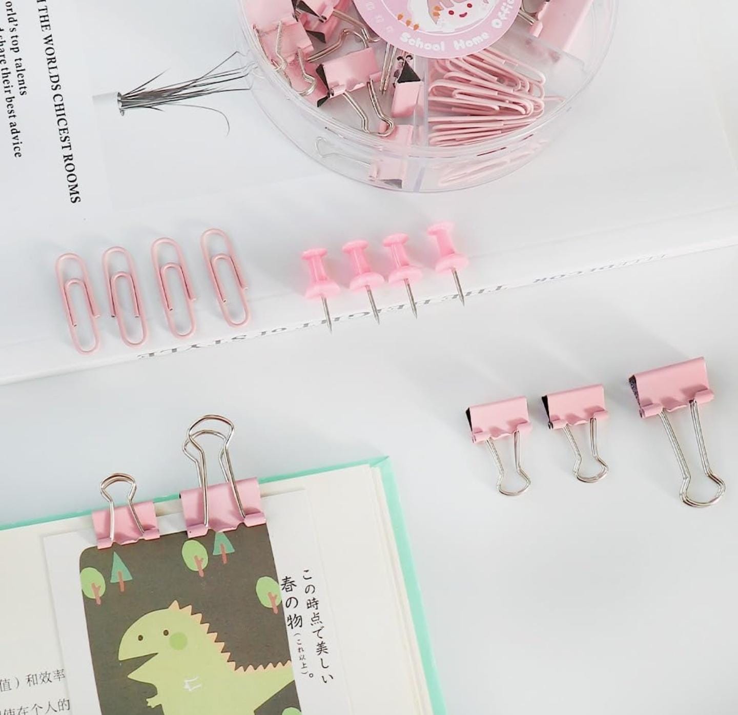 Binder Clips, Push Pins, Paper Clips Combo Set | Large & Small Stationery Kit for Office, School & Home Supplies (Pink)