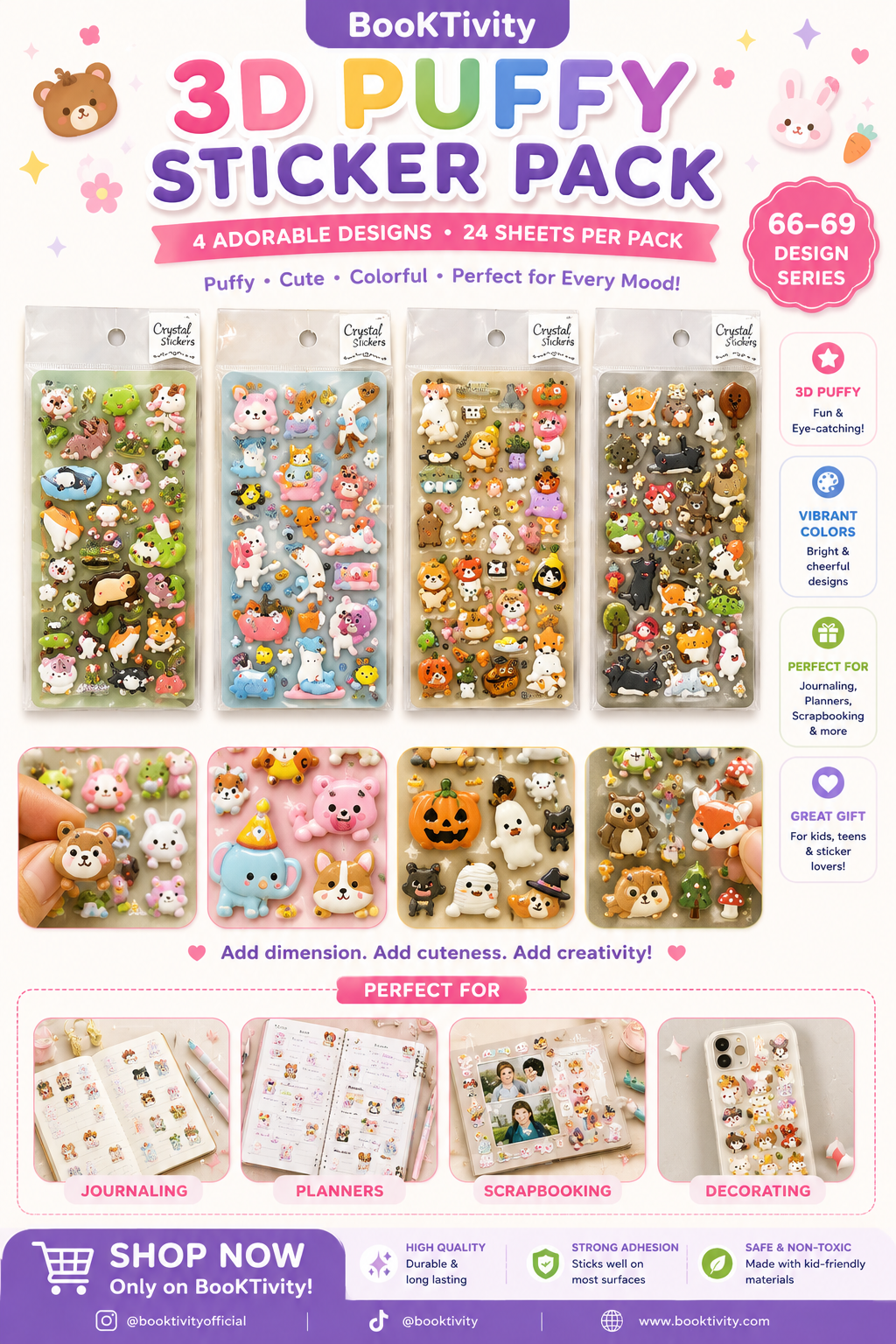 3D puffy stickers. Waterproof. Any one random design.