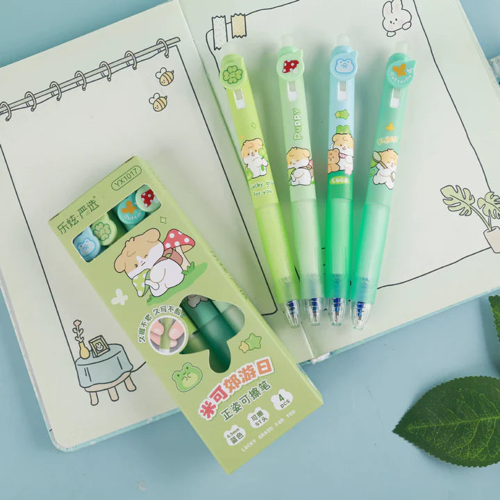 Cute puppy erasable gel pens 4pc in one box. With a soft rubber grip.